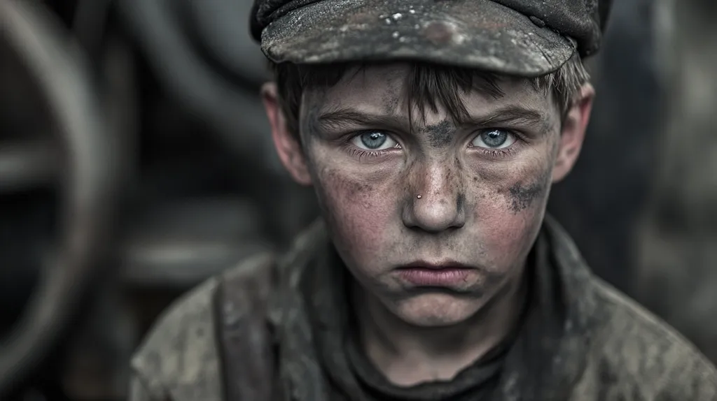 The image shows a young boy with a serious expression. He is wearing a dirty, worn cap and his face is covered in grime. His blue eyes stare directly at the camera, conveying a sense of hardship and maturity beyond his years. The image is captured in a muted palette with a focus on the boy's face, emphasizing the emotional weight he carries. The background is blurred, creating a sense of isolation and drawing attention to the boy's powerful gaze.