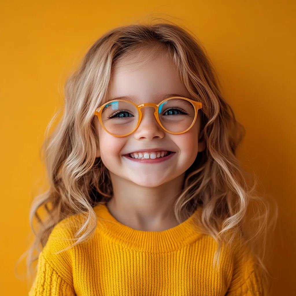 A young girl with long, blonde, curly hair smiles brightly at the camera. She is wearing a yellow sweater and large, round, yellow-framed glasses. The background is a solid yellow wall. The girl's expression is cheerful and playful, radiating joy and innocence.