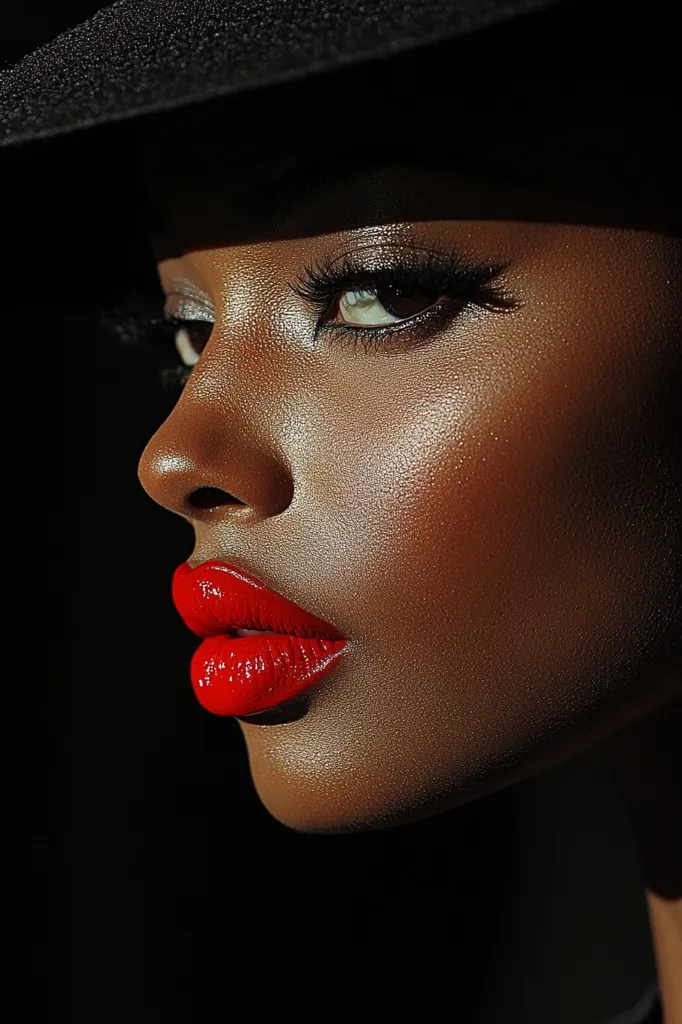 The image is a close-up of a woman's face. She is wearing a black hat that casts shadows over her face. Her eyes are outlined with black eyeliner and her lips are painted a bright red. The lighting highlights the texture of her skin and gives the image a dramatic feel.