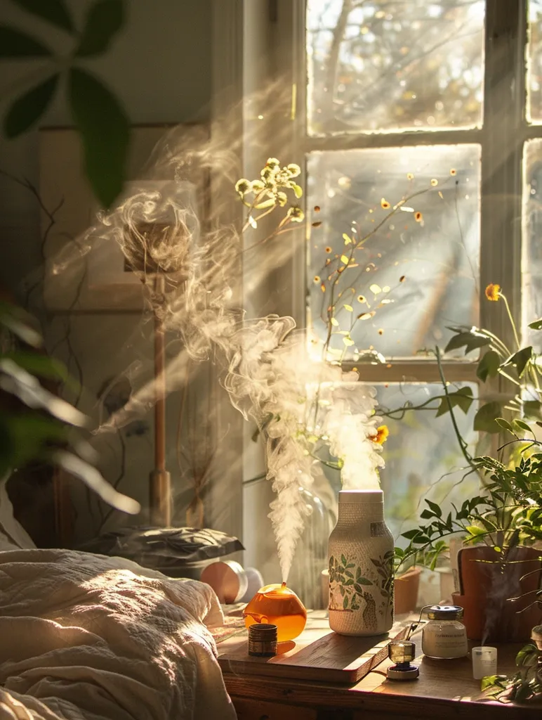 A warm, sunlit room with a window overlooking a lush garden. Steam rises from a ceramic diffuser on a wooden table, creating a hazy atmosphere. The diffuser is decorated with floral patterns and surrounded by other decorative objects, including candles and a glass jar. The room is filled with a sense of calm and tranquility, perfect for relaxation and meditation.