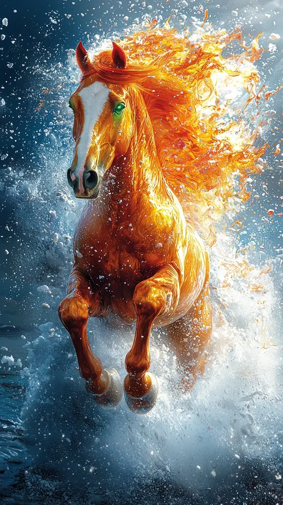A fiery-colored horse with a flowing mane gallops through a misty, blue and white water. Its eyes are green and its body is a mix of orange and brown, with some white markings on its face. The horse's legs are raised and its hooves are splashing water as it bursts through the surface. The image creates a sense of power and speed, as if the horse is a mythical creature breaking free from the water.