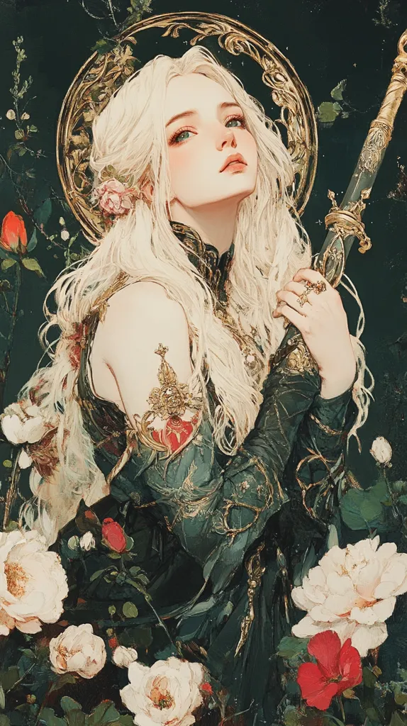 The image features a beautiful woman with long, flowing white hair, holding a sword in her right hand. She is dressed in a dark green gown with gold accents and adorned with jewelry. Her face is delicate and feminine, with bright blue eyes and a soft smile. She is surrounded by lush greenery, with roses and other flowers blooming around her. The painting has a mystical and ethereal quality, with the woman appearing as a powerful and graceful figure. The golden halo above her head adds to her divine aura.