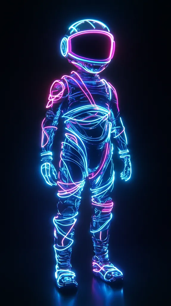A futuristic astronaut stands in a dark room, illuminated by vibrant blue and pink neon lights. The lights outline the astronaut's body, creating a striking and ethereal silhouette. The astronaut's helmet is a striking blue, with a pink visor that reflects the surrounding light. The overall image conveys a sense of otherworldly adventure and futuristic technology.