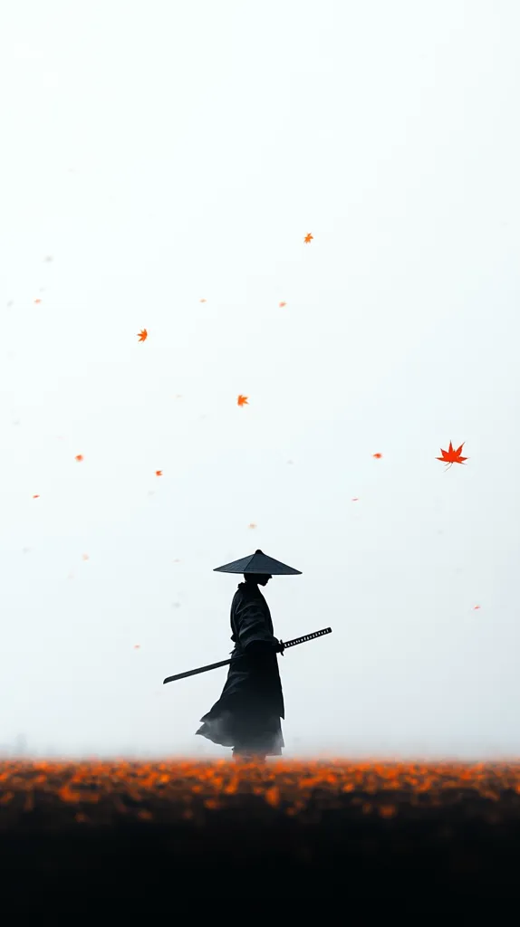 The image shows a lone figure, a samurai, in silhouette against a white background. He is holding a katana and wears a traditional black hat.  Scattered red leaves fall in the air, creating a sense of tranquility and mystery. The samurai appears to be walking towards a field of orange leaves, adding a touch of warmth to the otherwise cool and minimalist composition.
