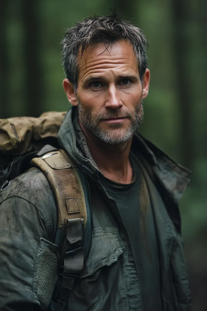 A man with salt and pepper hair, a ruggedly handsome face and a neatly trimmed beard, wears a green jacket and a backpack. He stands in a forest, and his expression is serious and determined. He appears to be an outdoorsman or a survivalist, and he has a focused gaze. The blurred background suggests that he is surrounded by nature.  He looks confident and ready for whatever challenges lie ahead.