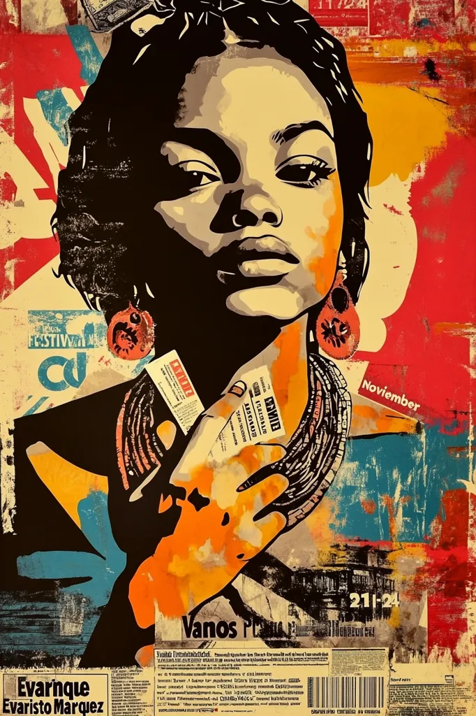 The image is a colorful and stylized portrait of a young Black woman with her hand covering her face. The woman is wearing large, circular earrings. The background is a vibrant collage of red, orange, yellow, and blue. There is text in the image, but it is difficult to read. The overall mood of the image is one of mystery and intrigue.