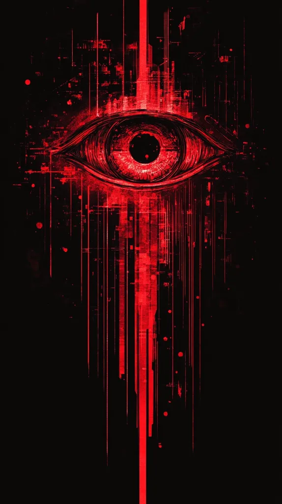 The image is a digital art piece depicting a large, red eye against a black background.  The eye is surrounded by a series of vertical, red lines that appear to be cascading down from the top of the image, creating a sense of motion. The lines are of varying lengths and widths and are interspersed with small, red dots. The overall effect is one of digital distortion or glitch. The eye itself is rendered in a realistic style, with details such as the pupil and iris. The overall tone of the image is dark and mysterious, suggesting surveillance or technology.