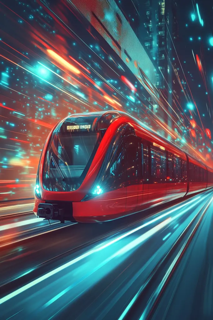 A red train streaks through a city at night, leaving a trail of blue and red light. The train is illuminated by the city lights and appears to be moving at high speed. The background is blurred and the colors are vibrant. The image evokes a sense of motion and energy.