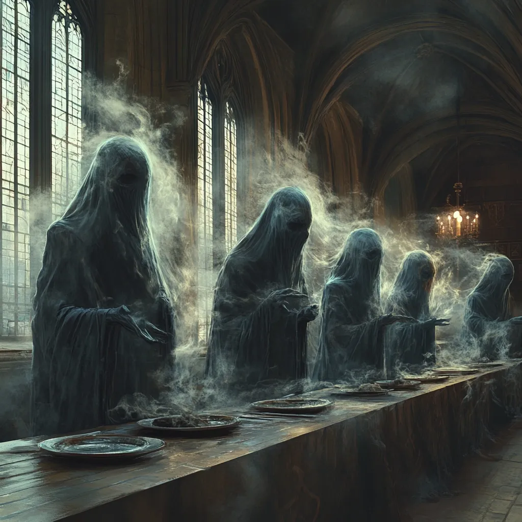 The image depicts a group of ghostly figures seated at a long table in a dimly lit, gothic cathedral.  Their faces are obscured by flowing, ethereal shrouds, creating an atmosphere of mystery and intrigue. Wisps of smoke swirl around them, adding to the ethereal ambiance. The scene suggests a gathering of spirits in a place of spiritual significance, perhaps a medieval abbey or a forgotten crypt.