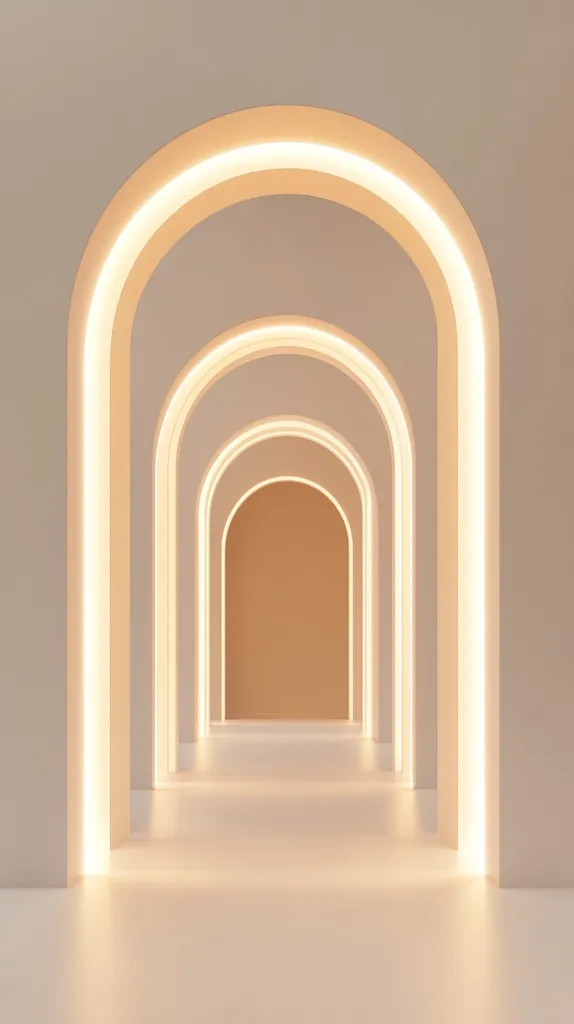 The image shows a series of arched doorways with glowing edges, creating a sense of depth and mystery. The arches are nested within each other, forming a receding tunnel effect. The soft lighting and neutral tones create a calming and ethereal ambiance. The overall composition is balanced and symmetrical, emphasizing the geometric simplicity of the design.
