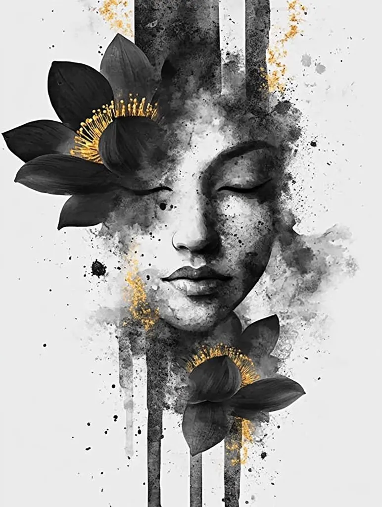 The image is a black and white abstract portrait of a woman with two black lotus flowers. Her eyes are closed, and she appears to be in a state of tranquility. The image is painted with a splatter effect, adding to its abstract nature. The flowers are partially covered in gold paint, adding a touch of elegance and luxury to the image. The background is white, allowing the subject and the flowers to stand out. The overall effect is serene and contemplative.