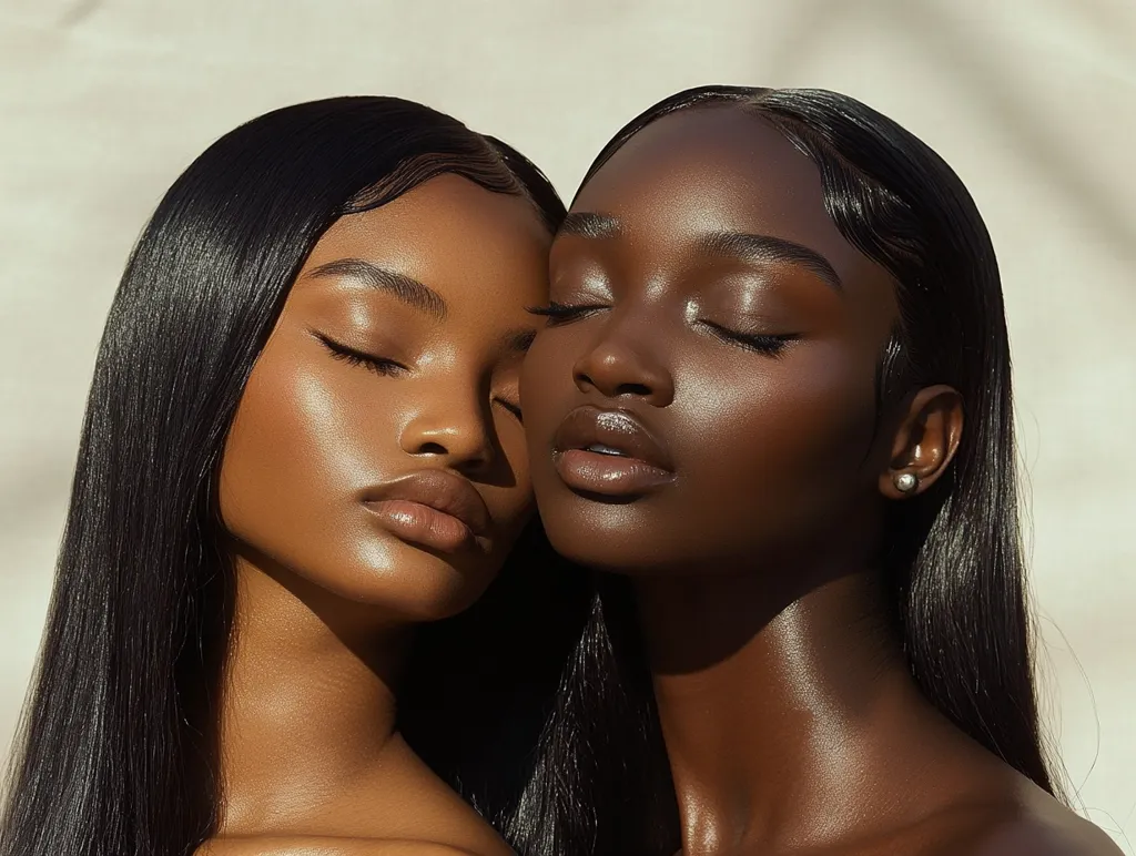 The image shows two Black women with long, dark hair, their faces turned towards each other. The woman on the left has her eyes closed, while the woman on the right is looking slightly downwards.  The light from the sun illuminates their faces, making their skin appear luminous and smooth. They both wear a natural, minimalist makeup look, highlighting their natural beauty. The image portrays a sense of intimacy and connection between the two women.
