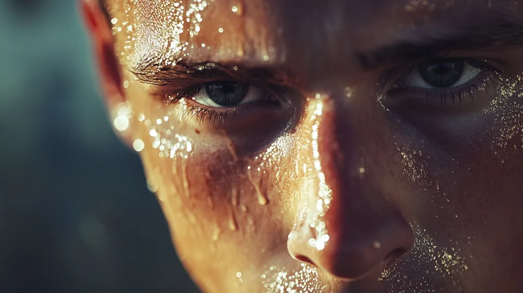 A close-up shot of a man's face, his skin is glistening with sweat. The light catches the droplets, making them sparkle. His dark eyebrows are furrowed, and his eyes are intense, conveying a sense of exertion or determination. The image captures a moment of physical effort and focus.