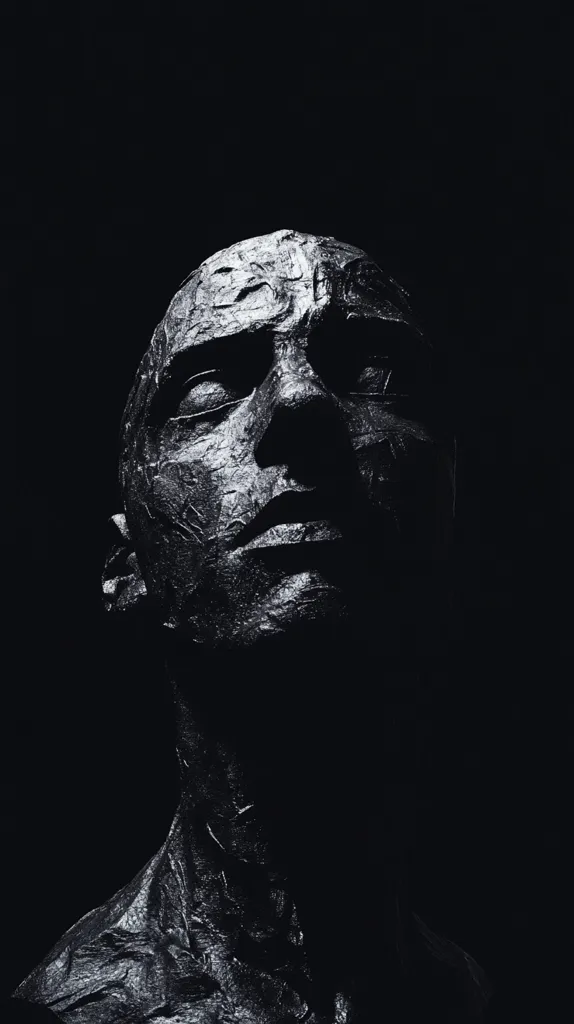 The image is a black and white close-up shot of a person's face. The face is covered in a textured, almost rocky material, giving the impression of a mask or a creature. The subject's eyes are closed, and their lips are slightly parted, suggesting a sense of mystery or perhaps a moment of contemplation. The stark contrast between the dark background and the textured face creates a striking and unsettling image.