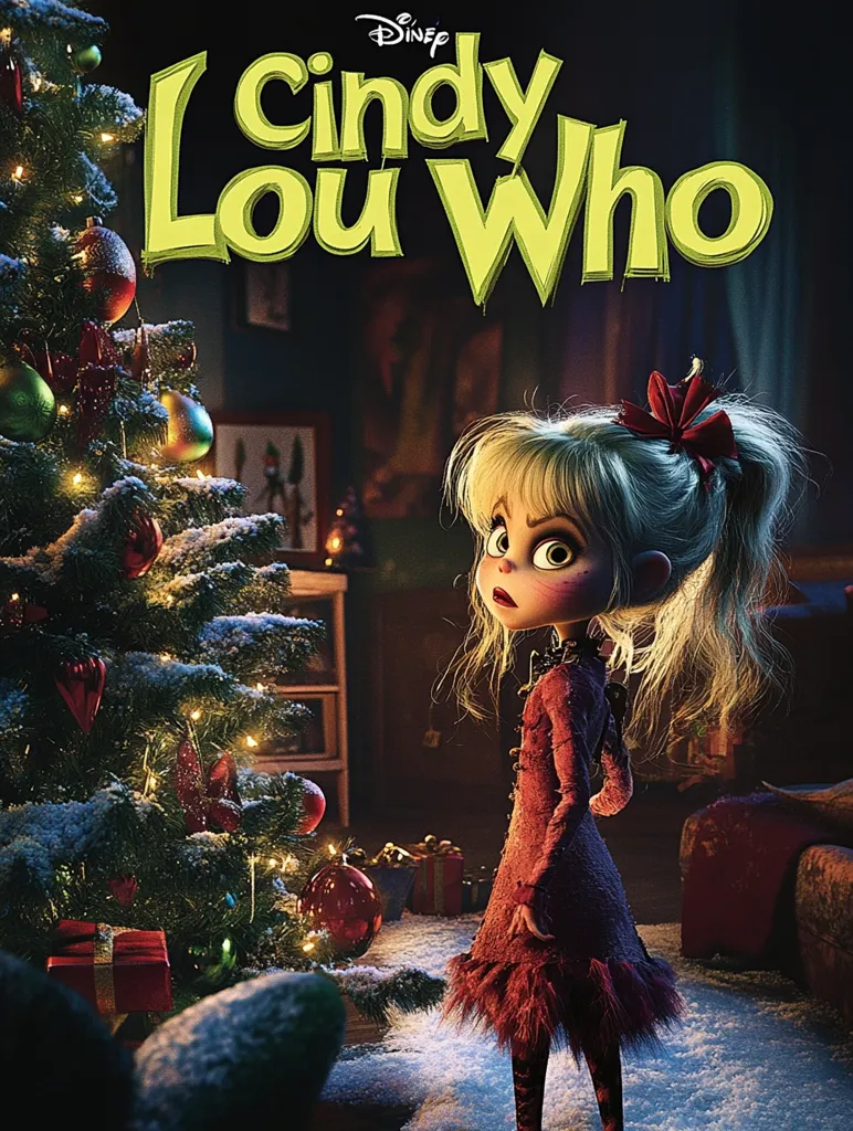 A young girl with blonde hair and a red dress stands in front of a Christmas tree in a dimly lit room. The title “Cindy Lou Who” is written in large, yellow letters at the top of the image. The girl appears to be a cartoon character from the movie “The Grinch.” The scene is filled with the magic of Christmas.