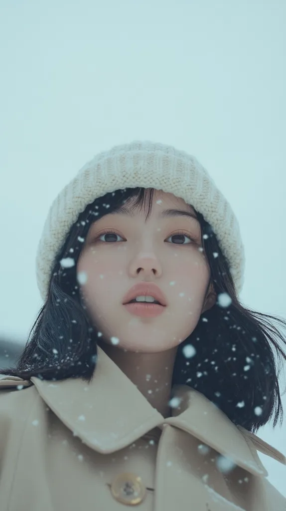A young woman with dark hair and a white knit hat stands in the snow.  She is wearing a beige coat and looking up at the sky, with snow falling gently around her. The image captures a quiet moment of winter peace.  Her expression is soft and contemplative, conveying a sense of serenity.  The soft, cool tones of the image add to the overall feeling of tranquility.