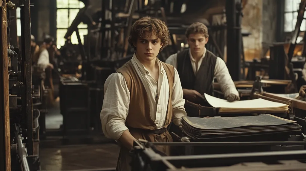 The image shows a man in a printing press, with another man standing next to him. The man in the foreground is wearing a white shirt and a brown vest, and he is holding a stack of printed pages. The man in the background is wearing a dark vest and a white shirt, and he is holding a piece of paper. The scene is set in a printing press, with large machines and stacks of paper visible.  The image conveys the idea of work and production.
