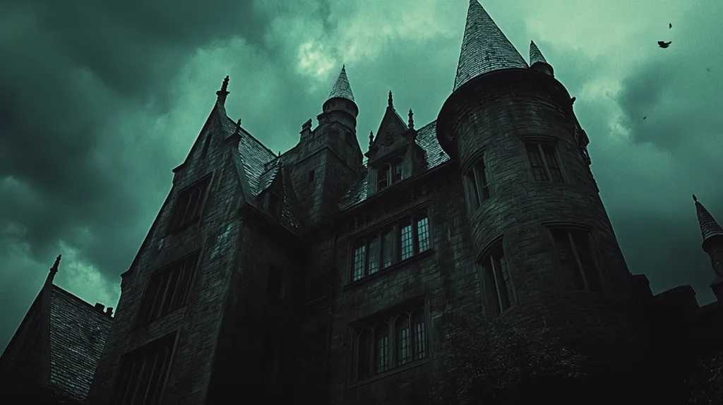 A large, ominous-looking castle looms against a stormy sky. Its stone walls are weathered and grey, and its many towers pierce the clouds. The windows are dark and empty, and the air is thick with a sense of mystery. The castle stands alone, a silent sentinel in the vast and forbidding landscape.  The scene evokes a sense of isolation and foreboding.