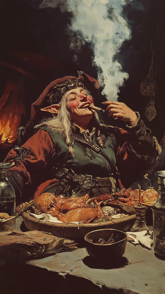 A large, jovial goblin with long white hair and a mischievous grin is smoking a pipe, sitting at a table laden with roasted meat and a bowl of food.  He is wearing a red and green outfit with a belt adorned with coins. Smoke fills the room, casting shadows around the figure and table. The scene is lit by a warm, flickering light in the background.  The goblin's expression is one of enjoyment and contentment as he savors his meal and smoke.  The artwork captures the spirit of fantasy and the allure of a fantastical world.