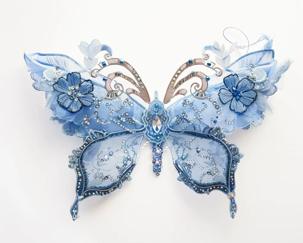 A delicate, blue butterfly ornament is adorned with sparkling rhinestones and intricate embroidery. The wings are made of sheer, translucent fabric and have a delicate, ethereal quality. The butterfly's body is crafted from gold wire and embellished with beads. The ornament is a beautiful representation of nature's beauty.
