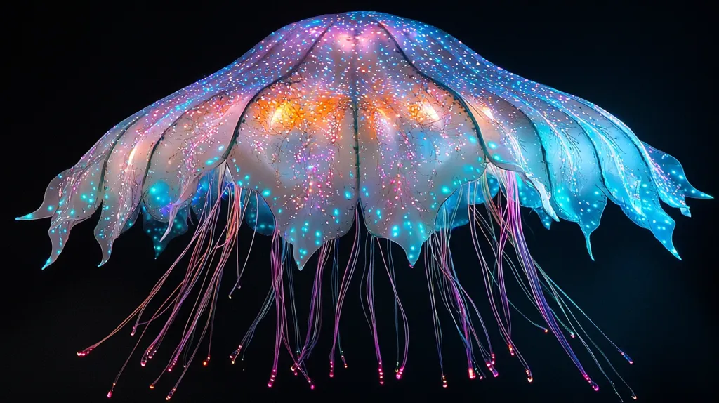 The image shows a jellyfish-shaped sculpture, glowing with vibrant blues and pinks. Its translucent body shimmers with countless tiny lights, creating a captivating display against the dark background. The sculpture's long, delicate tendrils dangle gracefully, adding to its ethereal beauty.