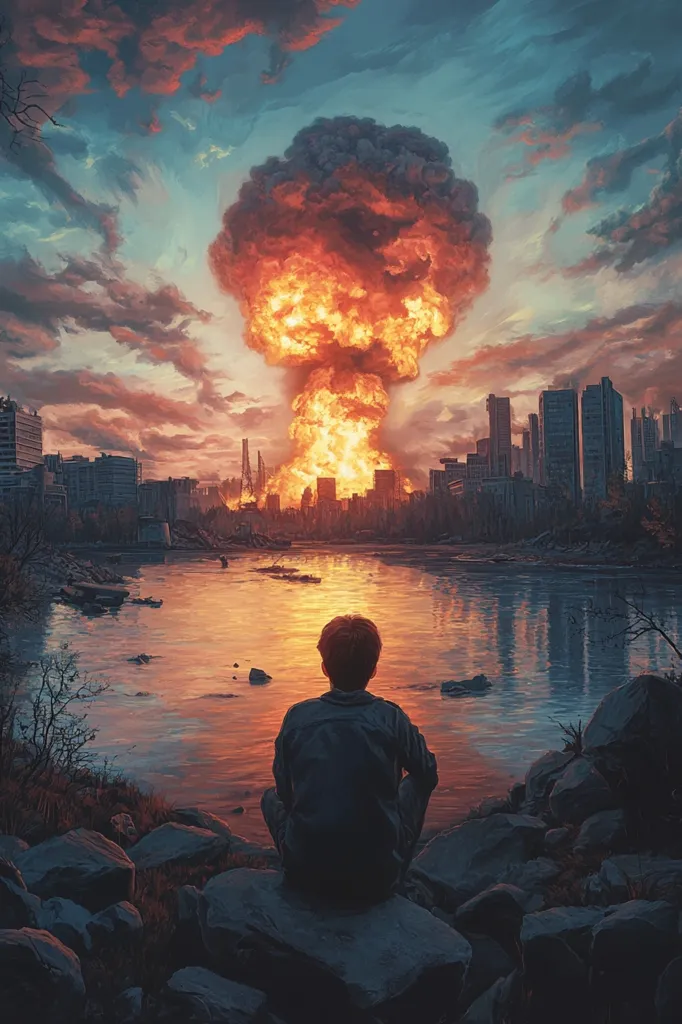 A solitary figure sits on a rocky riverbank, gazing at a massive mushroom cloud billowing over a city skyline. The setting sun casts an orange glow across the scene, creating a stark contrast against the dark silhouette of the person and the looming devastation. The image evokes a sense of profound loss and contemplation in the face of overwhelming destruction.