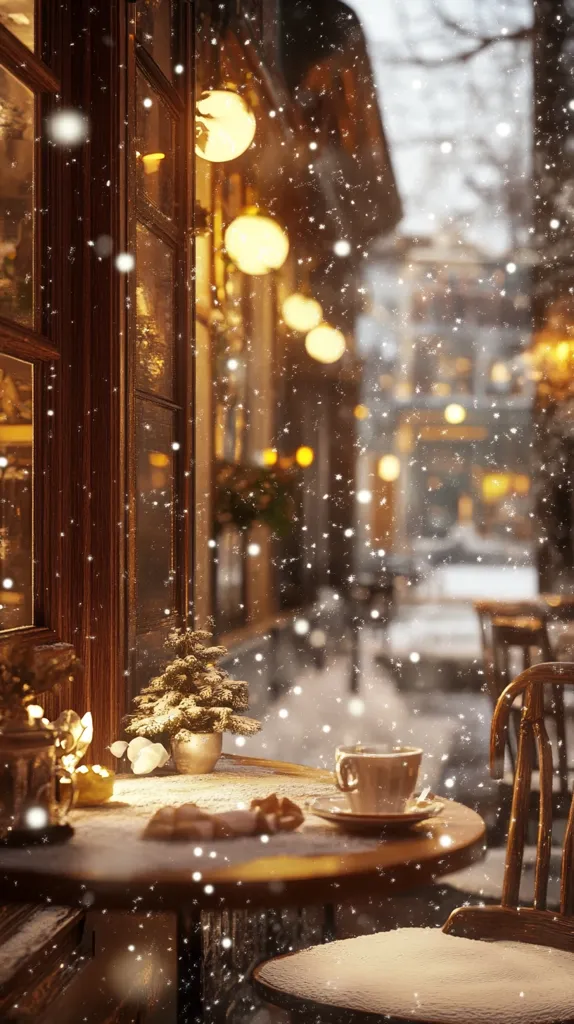 A cozy cafe table sits near a window, covered in snow. A cup of coffee sits on the table, steaming in the warmth of the cafe's lights. Outside, the city is blanketed in snow, the lights of shops and buildings twinkling in the distance. The scene creates a warm and inviting atmosphere, perfect for a winter evening.