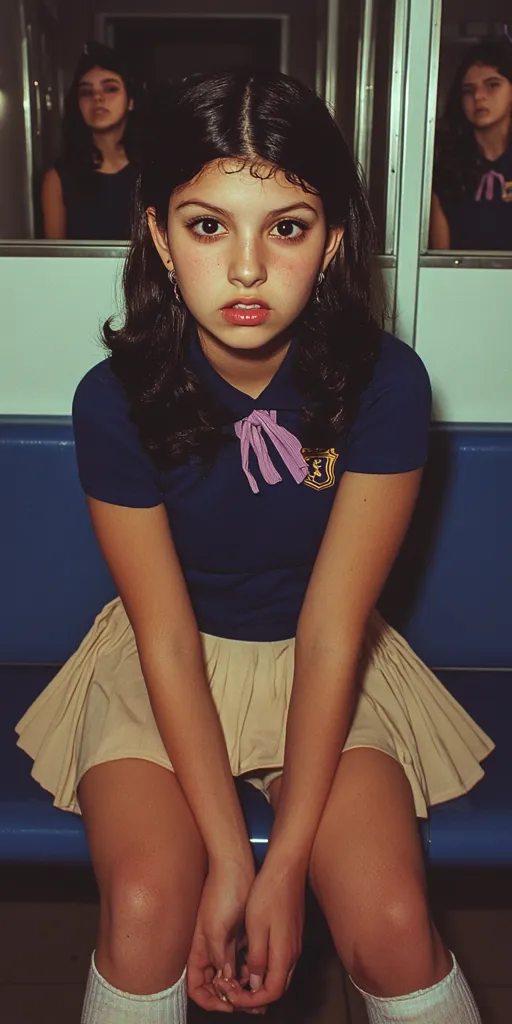 A young woman with dark hair and a light complexion is sitting on a bench. She is wearing a blue collared shirt with a pink bow and a white pleated skirt. She is looking at the camera with a serious expression, her hands clasped in her lap. Behind her, in a reflection, is another young woman with dark hair and a white shirt. The image is reminiscent of a school girl, with its simple setting and the focus on the young woman's face.