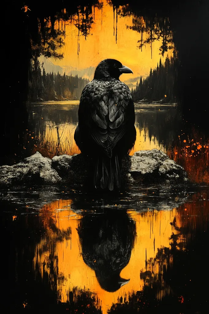 A black crow perches on a rock by a still lake, its reflection mirroring its pose in the water. The setting sun casts an orange glow on the forest behind the bird, creating a dramatic contrast between the dark crow and the vibrant sunset. The overall scene feels mysterious and contemplative.