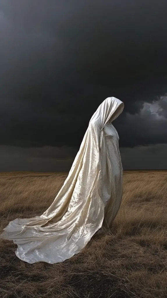 A figure cloaked in white stands in a field of tall grass, their face obscured by the hood. The sky above is dark and stormy, creating a dramatic and mysterious atmosphere. The figure's white cloak billows in the wind, adding to the sense of movement and intrigue.