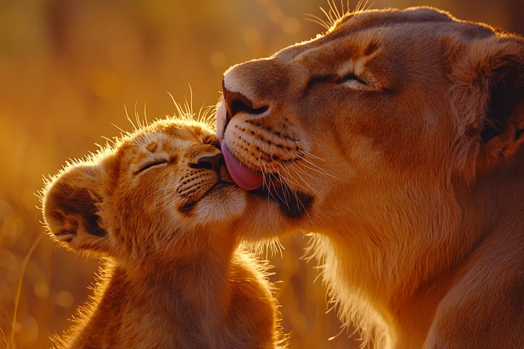 A lioness with her eyes closed gently licks her cub's face. The cub is lying on its side and has its eyes closed, seemingly enjoying the affectionate gesture. The golden light of the sunset bathes them in a warm glow, highlighting their soft fur and creating a sense of tranquility. The image captures a tender moment of maternal care and love within the wild.