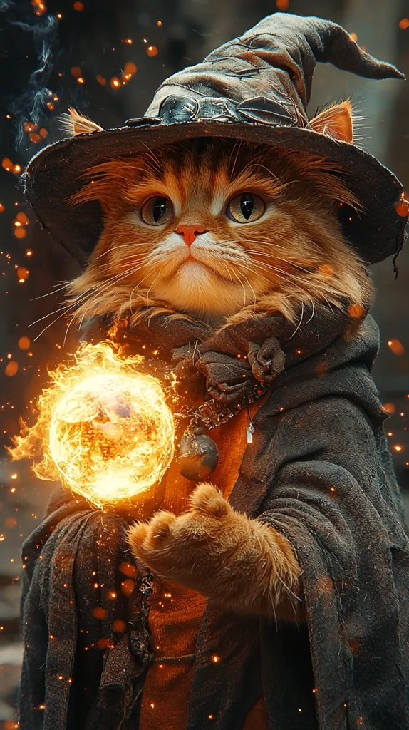 A ginger cat wearing a black pointy hat and a dark robe holds a glowing orange orb in its paw. The cat has a serious expression and appears to be casting a spell, surrounded by a magical, swirling light. The image is set in a dark, mysterious setting.