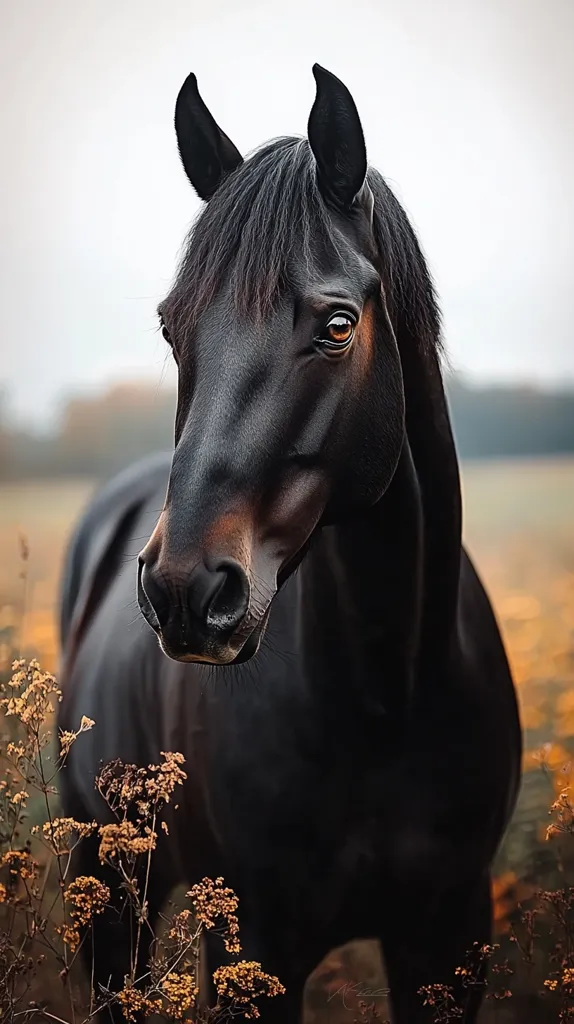 A black horse with a brown nose and large, expressive eyes stands in a field of tall, dried grass. The horse's coat is sleek and shiny, and its mane flows in the wind. The horse is looking directly at the camera, and its gaze is intense. The background of the image is blurred, which helps to draw attention to the horse. The image is taken on a cloudy day.  The horse's beauty is striking against the backdrop of the dry, golden fields.