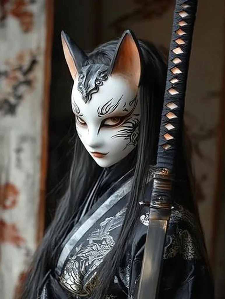 A person with long black hair is wearing a white cat mask with intricate details and a black and silver patterned kimono. They hold a katana sword with a black scabbard and a silver handle. The image is dark and moody, with a focus on the person's mysterious and elegant attire.  The background is blurred and out of focus.