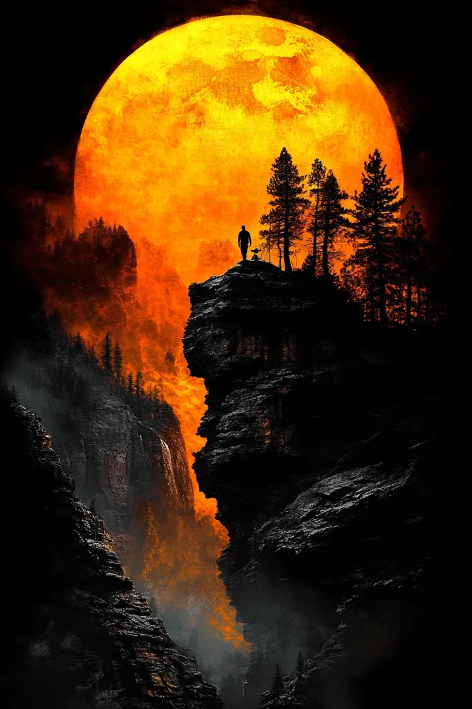 A lone figure stands on a clifftop, silhouetted against a massive, fiery orange moon. The moon dominates the sky, casting an eerie glow on the surrounding landscape. Tall, dark trees cluster on the cliff, creating a sense of mystery and isolation. The mountains below the cliff are shrouded in shadows, their rocky surfaces accentuated by the bright light from the moon. The scene is a mesmerizing blend of light and dark, evoking feelings of awe and wonder.