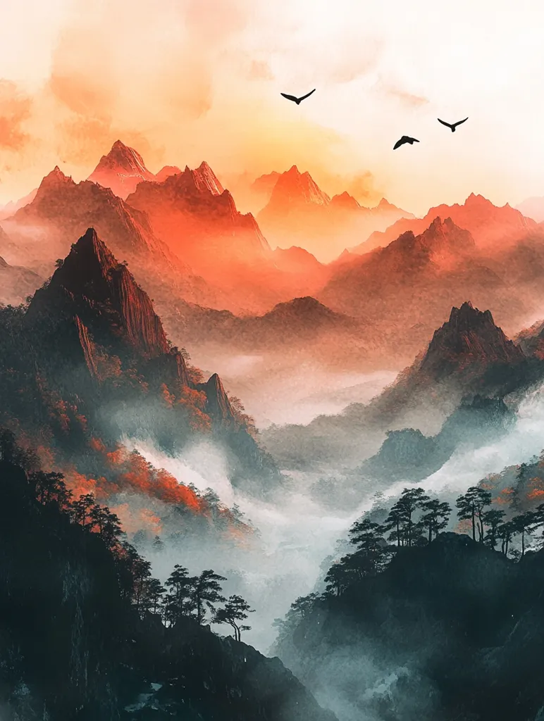 A breathtaking landscape of mountains, shrouded in mist and bathed in the warm glow of a setting sun. The soft, ethereal quality of the scene is enhanced by the presence of three birds flying overhead, their silhouettes cutting through the fading light. The mountains are a deep, majestic presence, rising up into the sky and seemingly reaching for the clouds. The air is still and tranquil, inviting the viewer to lose themselves in the beauty of the scene.