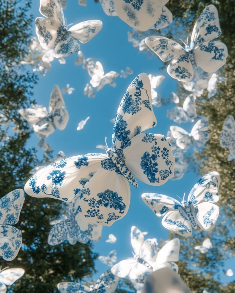 The image shows a cluster of porcelain butterflies, with intricate blue and white floral patterns, fluttering against a bright blue sky. The butterflies are positioned at various angles, creating a dynamic and whimsical scene. The background features lush green trees and leaves, adding a touch of natural beauty to the composition. The image evokes a sense of wonder and serenity, highlighting the delicate beauty of nature.