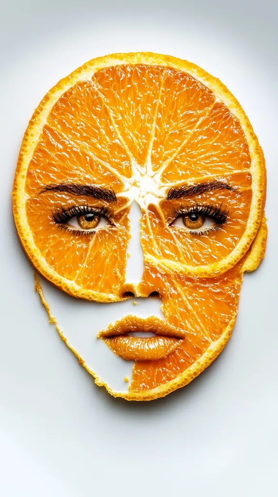 A close-up image of a human face formed with a slice of orange. The orange peel is used to create the face's features, with the juicy flesh representing the lips and the inner flesh representing the eyes. The image is set against a plain white background. The vibrant orange hues of the fruit contrast with the clean white background.