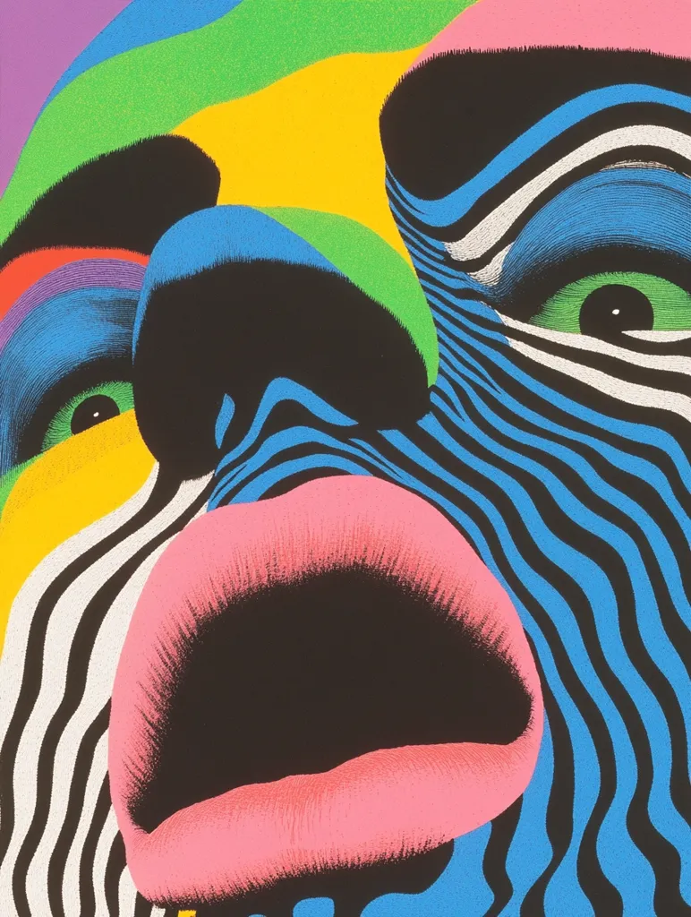 The image is a close-up of a person's face, rendered in a bold, graphic style. The face is covered in a swirling pattern of black and white stripes, punctuated by areas of bright blue, yellow, green, pink, and purple. The eyes are wide open, with large, green pupils, while the mouth is open and slightly agape. The overall effect is one of vibrant, psychedelic energy.