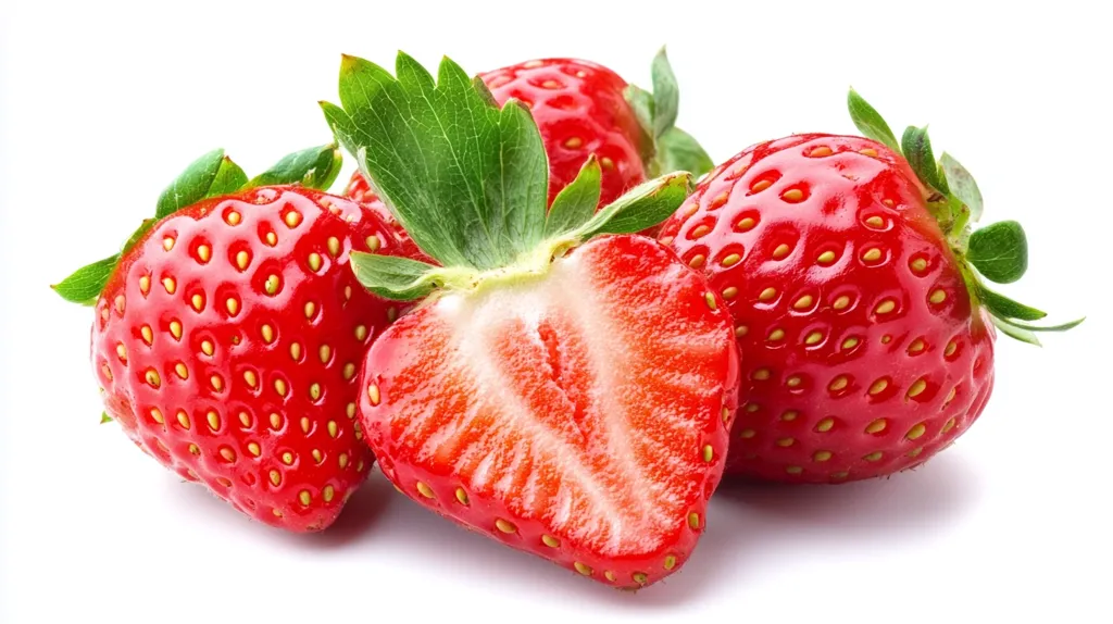 Four ripe strawberries, one sliced in half, are arranged on a white background. The strawberries are glossy and red, with visible seeds. The image is bright and vibrant, showcasing the fresh and juicy nature of the fruit. The sliced strawberry reveals the light pink flesh within.