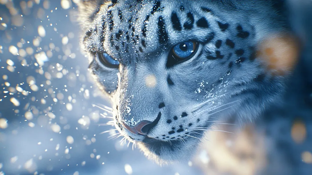 A close-up of a snow leopard's face, its fur is covered in white snow, its piercing blue eyes stare intently at the viewer. The soft, blurry background suggests a snowy environment. The animal’s sharp features and intense gaze convey a sense of wildness and power.  A single, light-colored whisker is perfectly positioned in the foreground, adding to the overall sense of delicate beauty.
