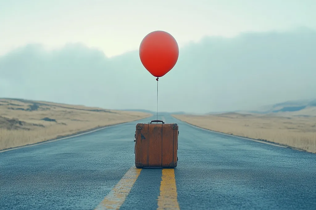 A solitary vintage suitcase sits in the middle of a deserted road, a red balloon tied to its handle floating above.  The road stretches towards a hazy horizon, suggesting a long journey ahead. The scene evokes a sense of adventure, possibility, and perhaps even a hint of melancholy.