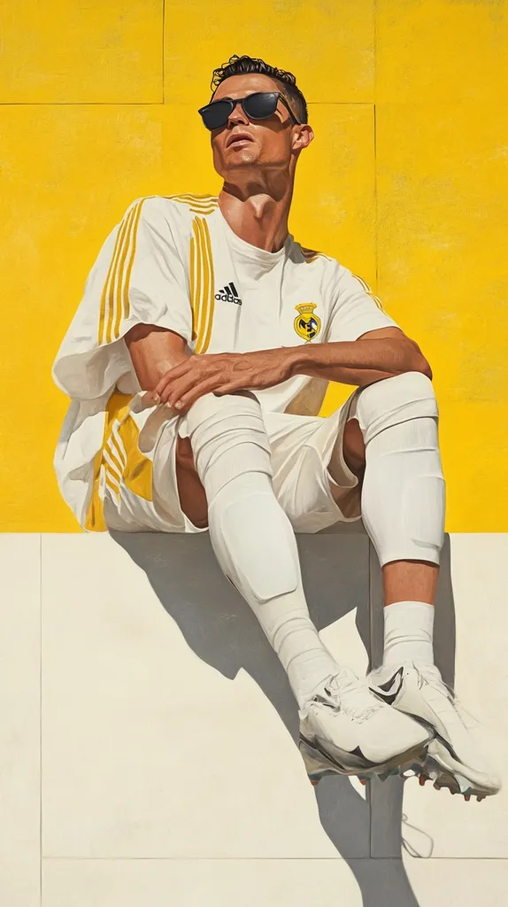 A man wearing a white soccer jersey with yellow accents and black sunglasses sits on a white ledge in front of a bright yellow wall. He is wearing white socks and white cleats. He has a serious expression on his face. The photo is likely a promotional image for a sports brand.