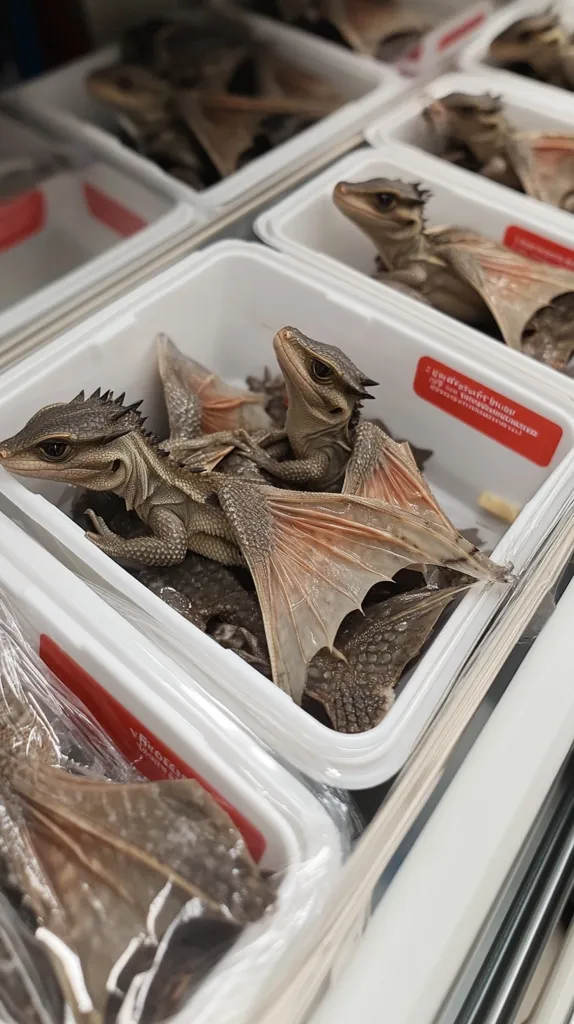 The image shows a series of white plastic containers lined up in a row. Inside each container is a small, brown lizard with large, delicate wings. The lizards are spread out in a relaxed posture, with their wings extended. The containers are labeled with a red sticker, but the text is not legible.  The image gives a sense of organized display and delicate beauty.