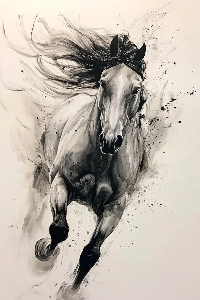 A black and white watercolor painting of a horse running with its mane flowing in the wind. The horse's head is tilted slightly to the side, and its eyes are wide with determination. The background is a light gray, with splashes of black paint scattered around the horse. The painting captures the animal's raw power and energy.