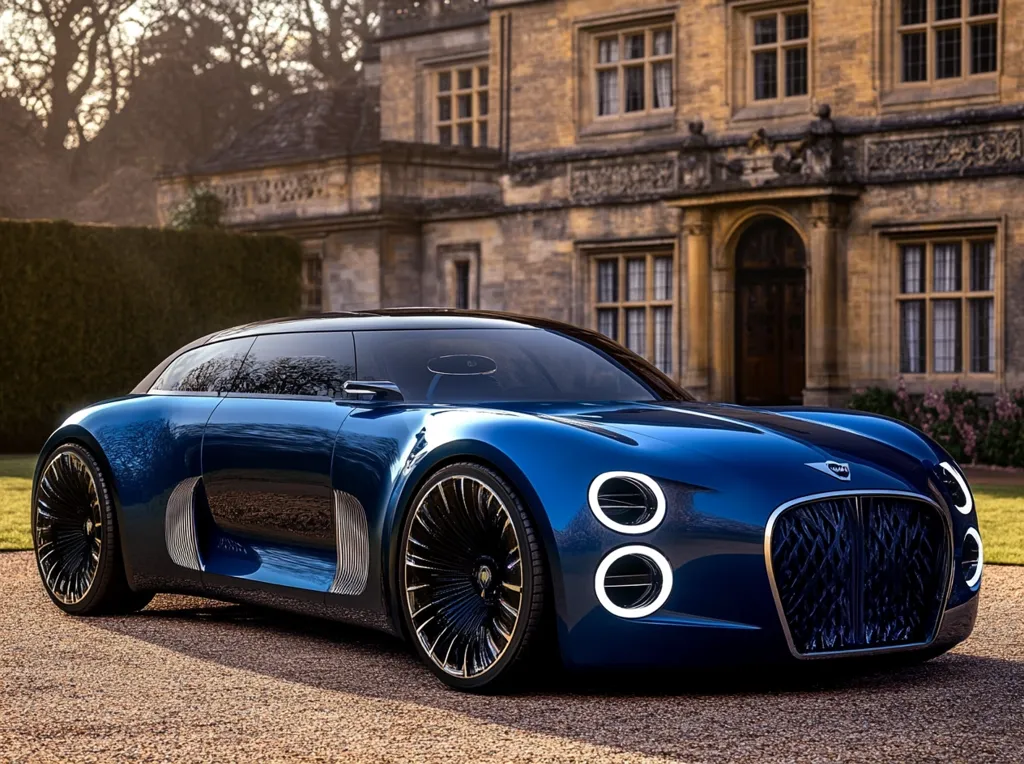 A sleek, dark blue sports car with a black roof is parked in front of a large, old stone building with arched windows. The car has a futuristic design with large, circular headlights and distinctive wheel rims. The background features a lush green lawn and a row of trees. The scene suggests a luxurious and elegant setting.
