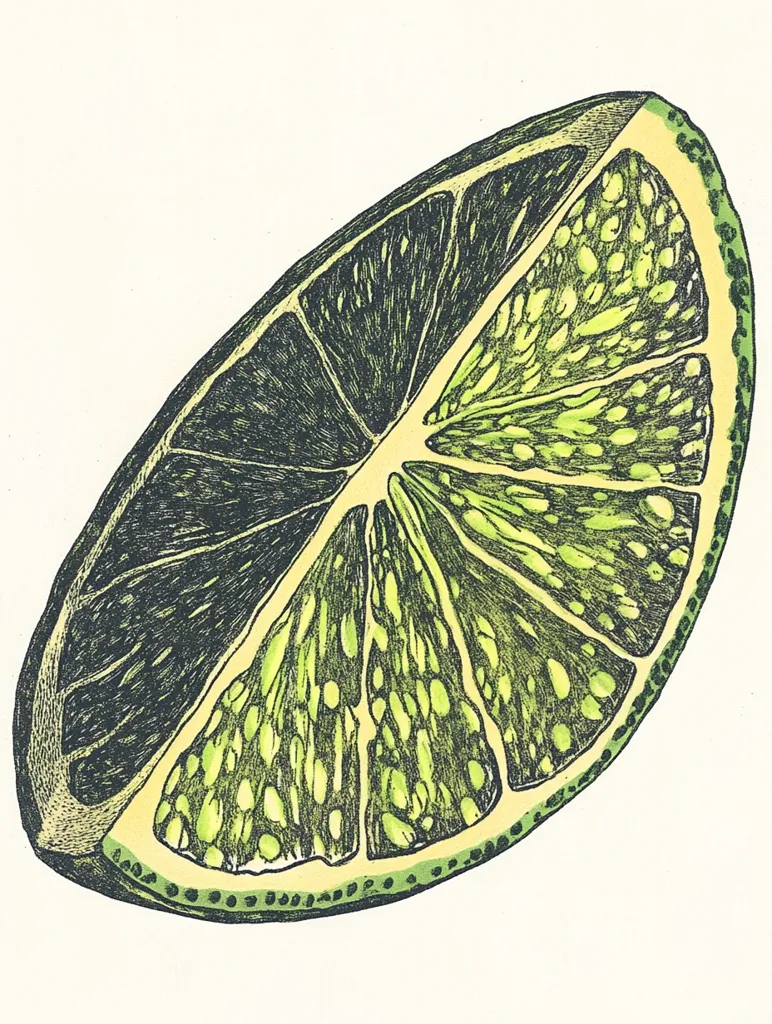 A detailed, hand-drawn illustration of a lime wedge. The lime is depicted in shades of green, yellow, and black, highlighting its textured rind and juicy flesh. The image captures the refreshing essence of the citrus fruit with its intricate details and vibrant colors.