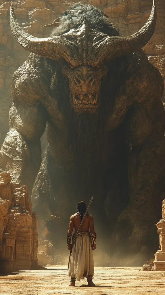 A large, imposing creature with horns and a fierce expression stands in a desolate, rocky landscape. The creature appears to be a mythical beast, with a powerful physique and a menacing presence. In the foreground, a lone warrior stands facing the creature, holding a sword in his hand. The warrior seems undaunted, facing the challenge with determination. The scene evokes a sense of epic confrontation, with the warrior bravely facing a formidable foe.