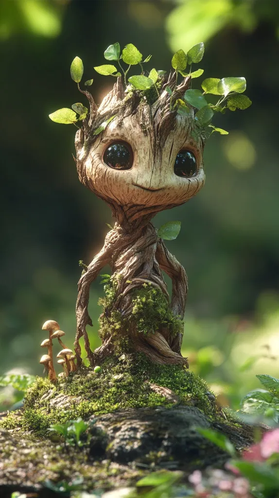 A whimsical tree creature, with large eyes and a wide smile, stands on a mossy rock. Its body is made of twisted branches and leaves, and it has a crown of green foliage. The creature is surrounded by other plants, including mushrooms, creating a magical and enchanting scene.  The background is a soft blur of green, giving the impression of a forest setting. The image is full of life and light, suggesting a whimsical and playful world.