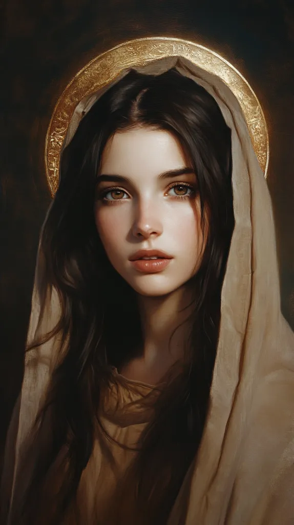 A young woman with long dark hair looks directly at the viewer. She wears a flowing, tan robe with a golden halo above her head. Her expression is soft and her eyes are a warm brown. The lighting is soft and the image has a painterly quality.